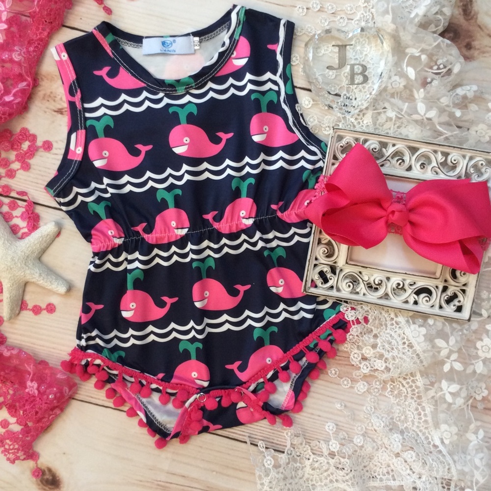 Boutique Baby Girl Whale Romper & Headband Set